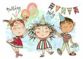 eine Geburtstagskarte. Geburtstagsparty. lustige kinder mit luftballons und geschenken feiern ihren geburtstag. Vektor. vektor