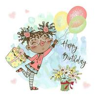 eine Geburtstagskarte für ein Mädchen. süßes mädchen mit luftballons geschenken und kuchen feiert ihren geburtstag. Vektor.