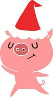 glückliche flache farbillustration eines schweins, das weihnachtsmütze trägt vektor