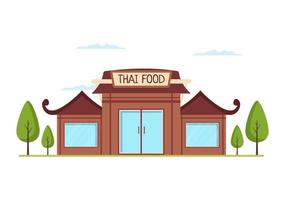 traditionell thai mat restaurang eller Kafé byggnad mall hand dragen tecknad serie platt illustration vektor