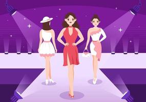 professionell modell mall hand dragen tecknad serie platt illustration med skön kvinnor modeller gående på podium i mode vecka händelse vektor