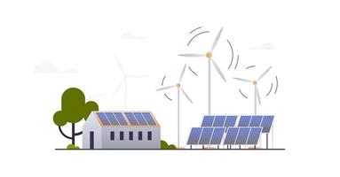grünes stadtzentrum mit privathäusern und sonnenkollektoren, windmühlen, ökostadt-ökologiekonzept für erneuerbare energien.