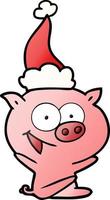 Fröhlicher sitzender Schweine-Gradienten-Cartoon einer tragenden Weihnachtsmütze vektor