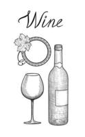 Weinset trinken. Café-Bar-Menü-Banner. Weinglas, Flasche, Schriftzug. winecard retro gravierter hintergrund vektor