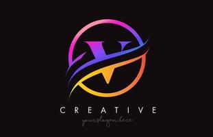 kreatives buchstabe v-logo mit lila orange farben und kreis-swoosh-schnitt-designvektor vektor