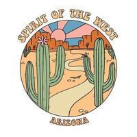 Geist des Westens Roud-Abzeichen - Grand-Canyon-Landschaft mit Bergen, Felsen, Steinen und Kakteen. Arizona State Illustration für Aufkleber oder Emblem mit Slogan im Retro-Stil. Vektor-Illustration. vektor