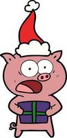 linjeteckning av en gris med julklapp bär tomte hatt vektor