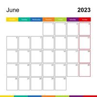 Juni 2023 bunter Wandkalender, Woche beginnt am Montag. vektor