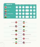 anzeigetafel der gruppe b des weltfußballturniers 2022. alle Spiele Spielplan. vektor