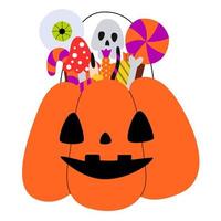 Stellen Sie Halloween-Süßigkeiten und einen Kürbiskessel ein. Lutscher, Bonbons, Zuckerrohr und Kekse. Süßes oder Saures Elemente. Vektor-Cartoon-Illustration. vektor