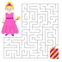 labyrint spel för barn. söt pojke i kostym prinsessa häxa ser för en sätt till de gåva. barns pedagogisk spel. vektor tecknad serie illustration.