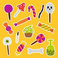 Set von Halloween-Süßigkeiten-Aufklebern. Cupcake, Lutscher, Bonbons, Zuckerrohr und Kekse. Süßes oder Saures Elemente. Urlaubsdesign. vektorkarikaturillustration für druck, muster, plakat, karte, fahne. vektor