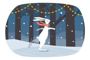 söt vit hare i en röd scarf är skidåkning i vinter- skog. kanin skidåkning i de jul parkera. vektor illustration för barn.