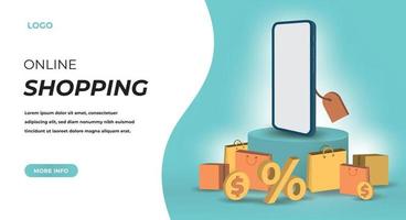 3D-Online-Shop-Landing-Page-Hintergrund. realistische vektorillustration. digitales marketing auf website und mobiler anwendung vektor