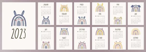 Kalender 2023 Vorlage. monatskalender 2023 mit boho niedlichen tieren regenbögen hase, fuchs, löwe, katze, girafe. trendige farben, cartoon-stil. beginnt am montag. ein moderner Kalender für Kinder. Designvorlage vektor