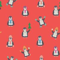 Winter nahtloses Muster von niedlichen Cartoon-Pinguinen mit warmer Kleidung und Weihnachtsbäumen auf rotem Hintergrund. Wintervektor-Babyillustration für Kinderdruck. bereit für Weihnachten. vektor