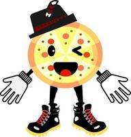 pizza maskot med hatt vektor ikon illustration. pizza klistermärke tecknad serie logotyp. mat ikon begrepp vit isolerat. platt tecknad serie stil lämplig för webb landning sida, baner, klistermärke