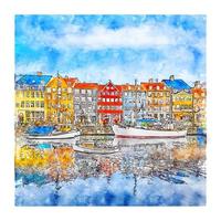 nyhavn dänemark aquarellskizze handgezeichnete illustration vektor