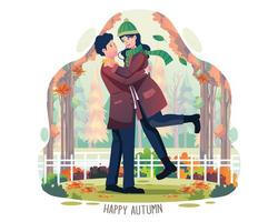 glücklicher herbst mit einem spaziergangpaar umarmt sich im herbstpark. mann und frau, die herbstsaison-vektorillustration im flachen stil genießen vektor