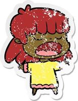 Distressed Sticker einer Cartoon-Frau, die laut spricht vektor