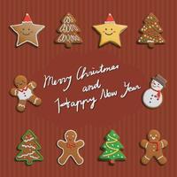 weihnachtslebkuchenkomposition mit weihnachtsbaum, lebkuchenmann, sternen und schneemann für glückwünsche zu frohen weihnachten und einem guten rutsch ins neue jahr vektor