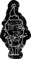 Lycklig tecknad serie bedrövad ikon av en man rycker på axlarna bär santa hatt vektor