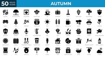 Satz von 50 Herbstsymbolen im soliden Stil. Blätter, Beeren, Pullover. solide Symbolsammlung. Vektor-Illustration vektor