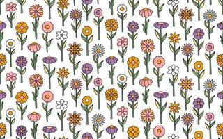 grooviger hintergrund. Nahtloses helles Wiederholungsmuster aus einfachen blühenden Blumen im psychedelischen Hippie-Stil der 1970er Jahre. grafisches Dekorornament im Retro-Design. Vektor-Illustration vektor