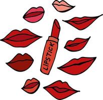 Lippenstift und verschiedene Frauenlippen auf weißem Hintergrund. Modekollektion handgezeichnet. vektor