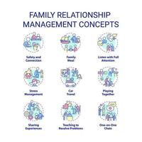 Symbole für das Konzept des Managements von Familienbeziehungen festgelegt. zeit miteinander verbringen idee dünne linie farbillustrationen. isolierte Symbole. editierbarer Strich. vektor