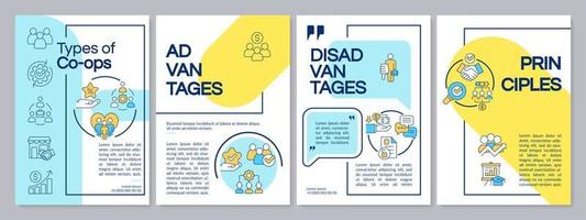 blaue und gelbe broschürenvorlage für geschäftsgenossenschaften. partnerschaftliche Arbeit. Broschürendesign mit linearen Symbolen. 4 Vektorlayouts für Präsentationen, Jahresberichte. vektor