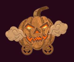 halloween-kürbis im steampunk-stil mit leuchtenden augen, grinsendem lächeln, gruseliger grimasse, dampf, zahnrädern. vektorillustration lokalisiert auf einem dunklen hintergrund. vektor