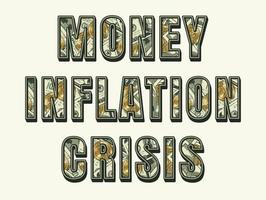 wort inflation, geld, krise mit 100 us-dollar-scheinen und gold-ein-dollar-münzen in buchstaben. volumetrisches Erscheinungsbild von Text. vektor