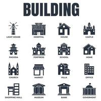 uppsättning av byggnad ikon logotyp vektor illustration. Bank, handla köpcenter, slott, fästning, sjukhus, hus och Mer packa symbol mall för grafisk och webb design samling