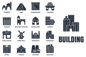 uppsättning av byggnad ikon logotyp vektor illustration. kommunal, hotell, garage, bungalow, moské, järnväg station och Mer packa symbol mall för grafisk och webb design samling