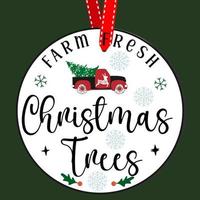 farm frische weihnachtsbäume. Rundes Weihnachtsschild. Weihnachtsgruß-Designs. Türhänger Vektor Zitat Sprüche. Handzeichnungsvektorillustration. Christbaumschmuck.