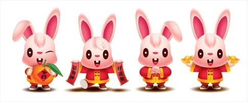 chinesisches neujahrskaninchen 2023. sammlungssatz der niedlichen kaninchenzeichentrickfigur, die festliches elementgold, chinesische schriftrolle und mandarinenorange hält vektor