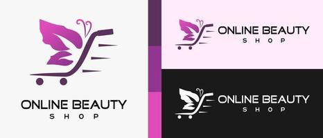 Logo-Designvorlage für Online-Shopping oder Online-Beauty-Shop mit Einkaufswagenelementen in Strichzeichnungen und Schmetterlingssymbol. Premium-Online-Beauty-Shop-Logo-Illustrationsvektor vektor