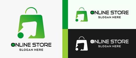 Online-Shopping- oder Online-Shop-Logo-Designvorlage mit Einkaufstaschenelementen und kreativem Cursor-Symbol. Premium-Online-Shop-Logo-Illustrationsvektor vektor