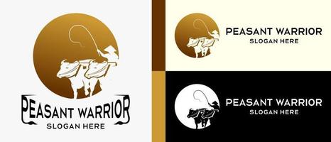 Pflug-Reisfeld-Logo-Design-Vorlage im Vintage-Stil mit Konzept des Büffel-Silhouette-Elements und Punkt-Insider. Premium-Logo-Illustrationsvektor vektor