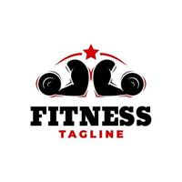 Zwei Hände, die eine Barbe für das Fitnessstudio-Studio-Logo halten. Fitness-Logo-Vektorvorlage. vektor