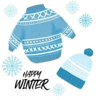 Illustration von Winterkleidung. süßer pullover, strickmütze blaue farbillustration mit schneeflocken mit text happy winter auf weißem hintergrund vektor