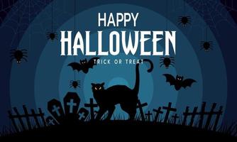 Happy Halloween Silhouette Hintergrund Friedhof mit Text, Katze, Fledermäusen und Spinne, Vektorillustration. vektor