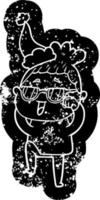 tecknad serie bedrövad ikon av en Lycklig kvinna bär glasögon bär santa hatt vektor