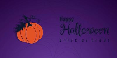 happy halloween lila dunkles banner mit web, orange kürbishand gezeichnet. vektor