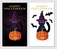halloween vektor posters med svart katt på en häxa hatt, domkraft o'lantern och fladdermöss. perfekt för webb webbplatser, tryckt material, social media, etc.