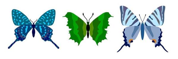Sammlung von Schmetterlingen auf weißem Hintergrund. isolierter karikaturikonensatz, dekoratives insekt. vektor
