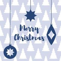 glad jul märka med text och blå stjärnor och jul leksaker. Semester vektor illustration