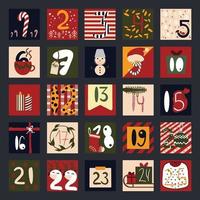 Adventskalender. weihnachtsposter countdown druckbare tags nummeriertes plakat mit weihnachtsverzierung. Vektor-Illustration vektor