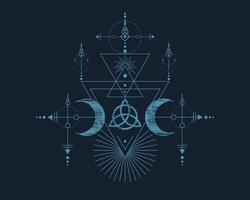 trippel- gudinna och triquetra , helig geometri, stam- trianglar, måne faser i schaman boho årgång stil. retro, astrologi, alkemi, och magi symboler. vektor isolerat på blå gammal bakgrund